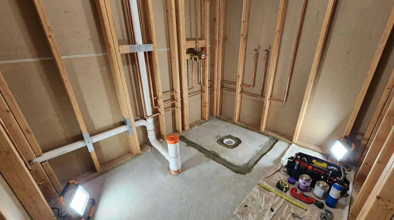 Bathroom rough-in plumbing during remodel by Johns Plumbing LLC in New Baltimore