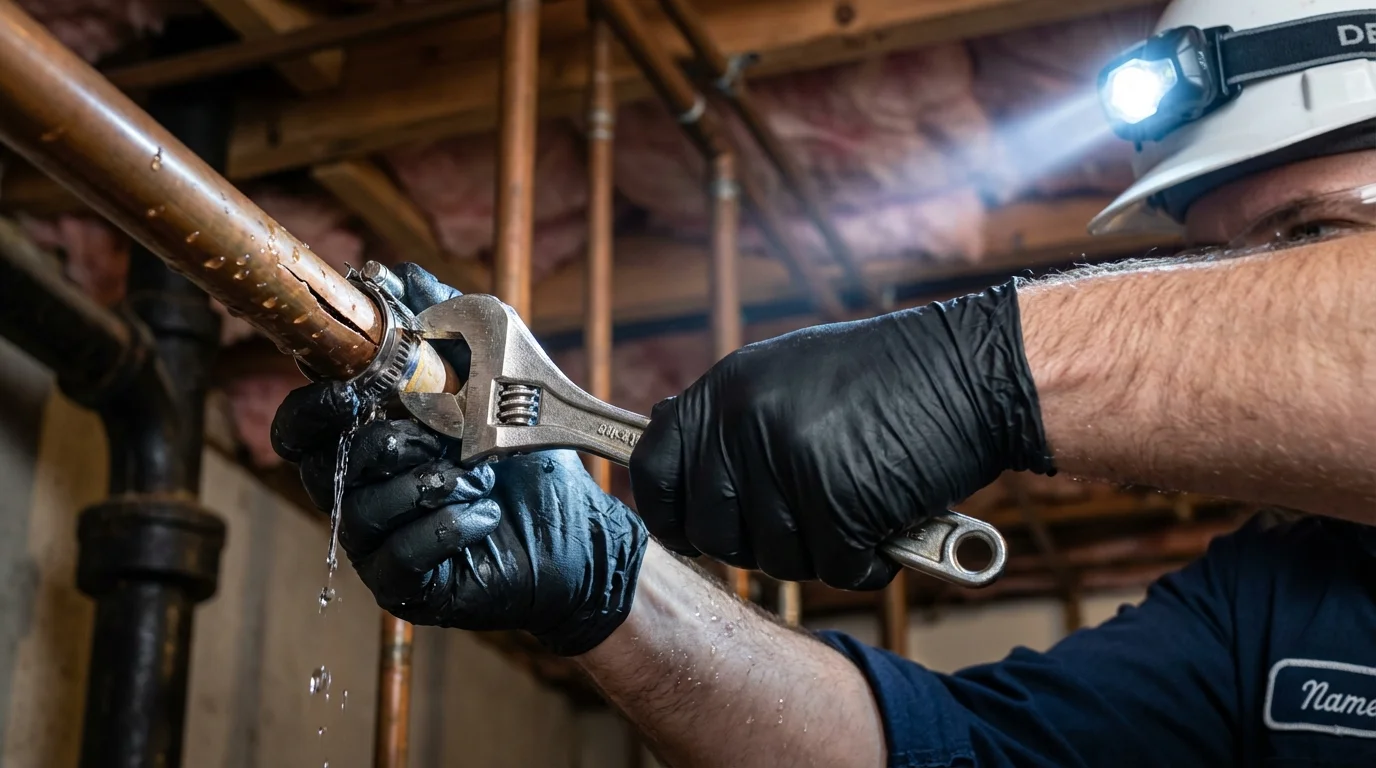 Emergency pipe clamp repair being performed by a Johns Plumbing LLC plumber in New Baltimore