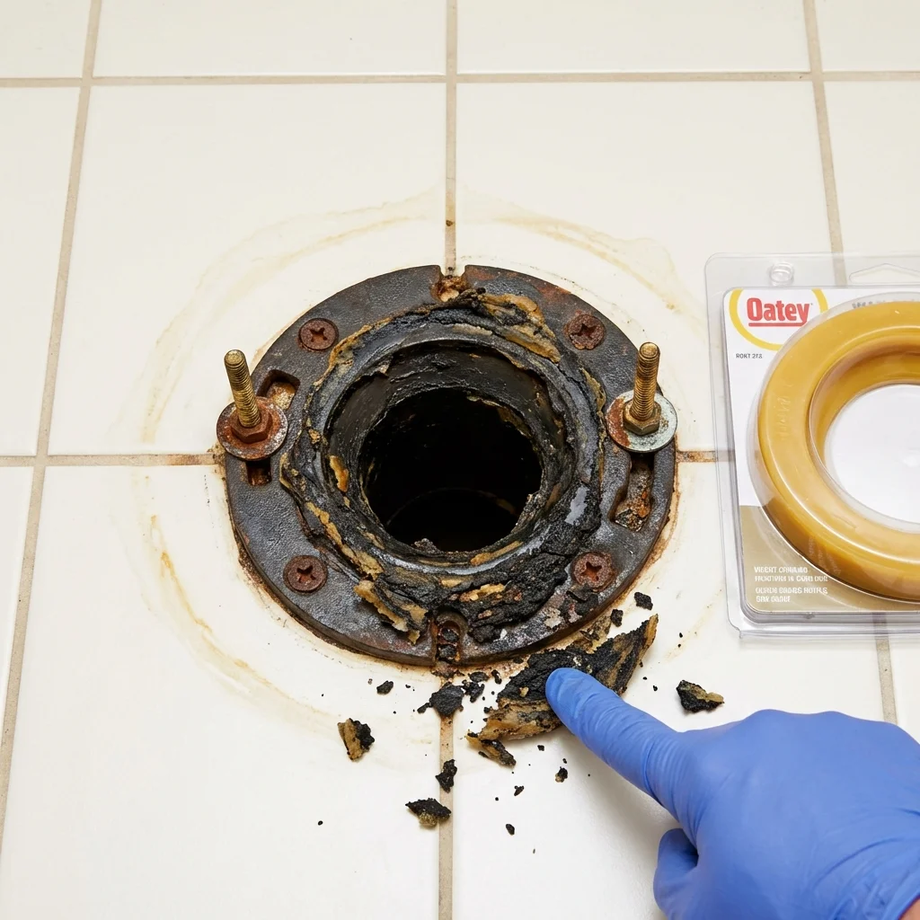 Failed wax ring showing water seepage at the base of a toilet in a New Baltimore, MI home