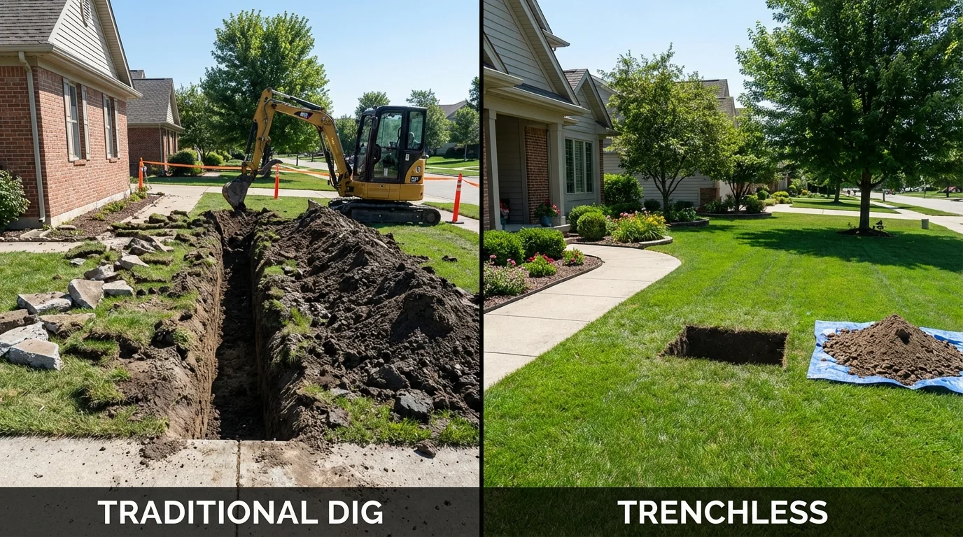 Trenchless sewer repair with minimal yard damage versus traditional excavation in New Baltimore, MI