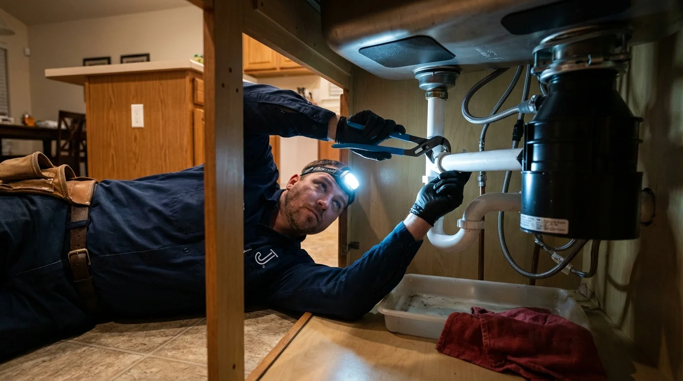 P-trap and supply line connections under a kitchen sink showing a common leak point in New Baltimore, MI